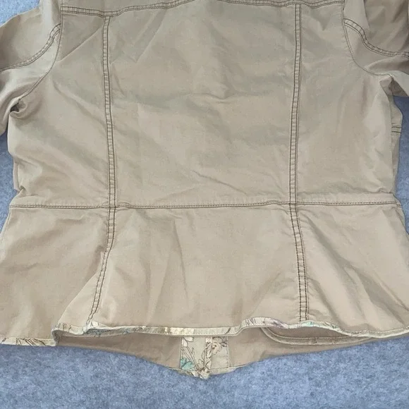 GAP Women's XL Khaki Cotton Twill Jacket Floral Trim Utility Peplum Button Up - Picture 14 of 16